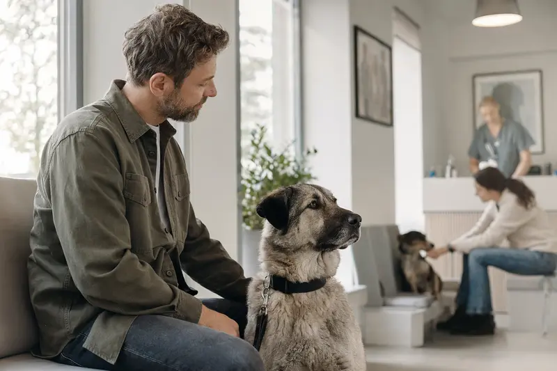 Ein Kafkas-Hund sitzt ruhig neben seinem Besitzer im hellen Wartezimmer einer modernen Tierarztpraxis.